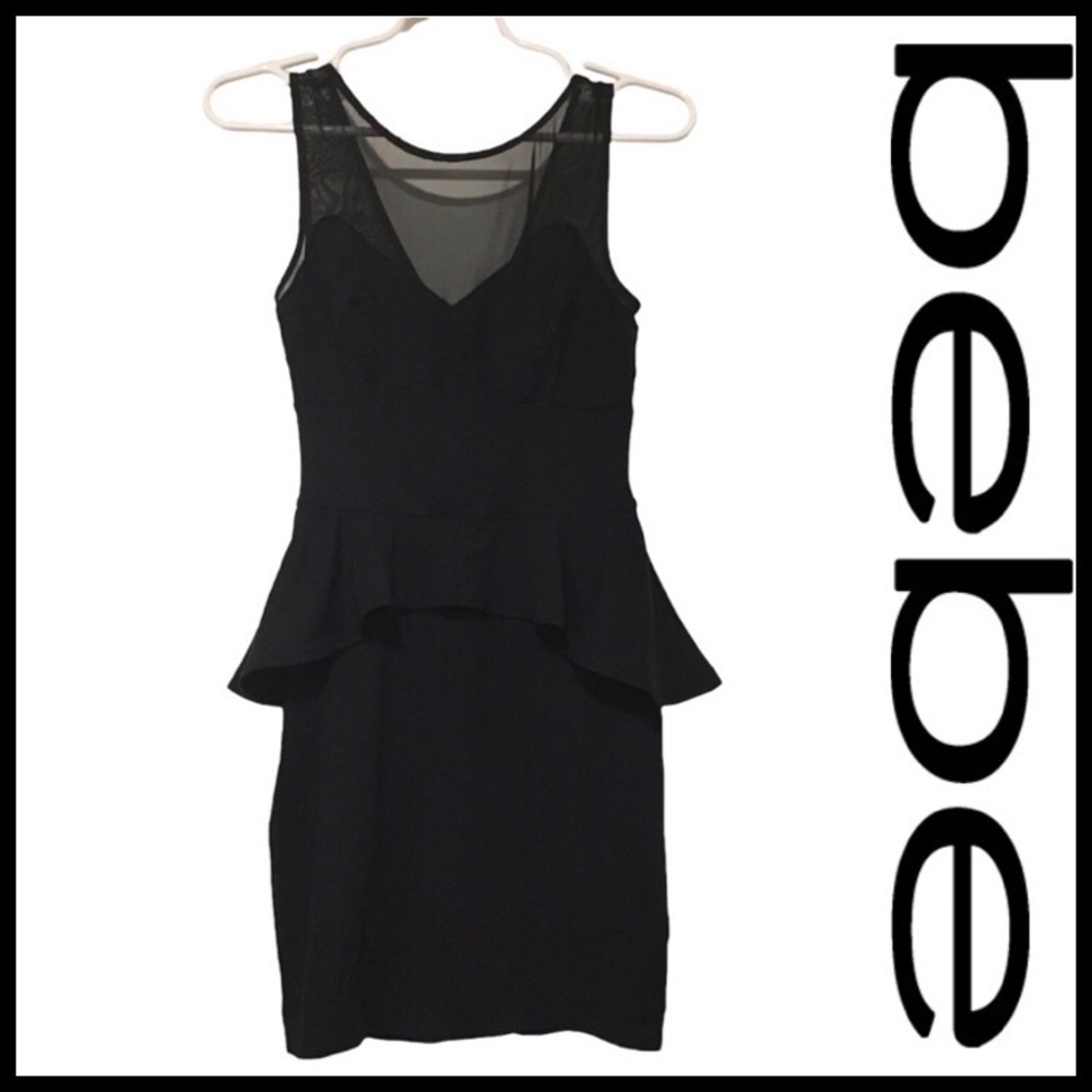 Bebe Bodycon Peplum Hip Flare Mini Sleeveless Sheer Little Black Dress, Small